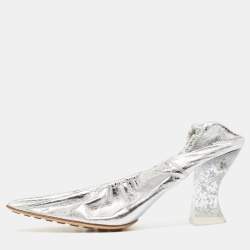 Bottega Veneta Silver Leather Glitter Plexiglass Almond Pumps Size 37