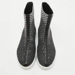 Bottega Veneta Black/Silver Intrecciato Metallic Lurex Fabric Sneaker Boots Size 40