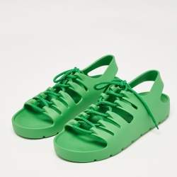Pre Owned Bottega Veneta Green Rubber Lace Up Flat Sandals Size 39