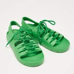 Pre Owned Bottega Veneta Green Rubber Lace Up Flat Sandals Size 39