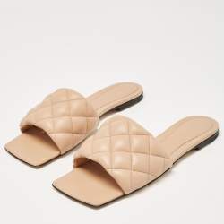 Pre Owned Bottega Veneta Beige Quilted Leather Lido Flat Slides Size 38