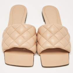 Pre Owned Bottega Veneta Beige Quilted Leather Lido Flat Slides Size 38
