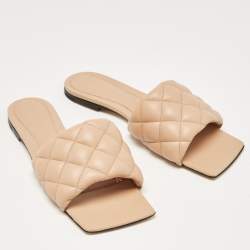Pre Owned Bottega Veneta Beige Quilted Leather Lido Flat Slides Size 38