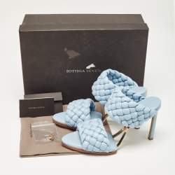 Pre Owned Bottega Veneta Light Blue Intreciato Leather and Metal The Curve Slide Sandals Size 36