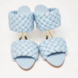 Pre Owned Bottega Veneta Light Blue Intreciato Leather and Metal The Curve Slide Sandals Size 36