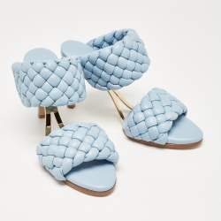 Pre Owned Bottega Veneta Light Blue Intreciato Leather and Metal The Curve Slide Sandals Size 36