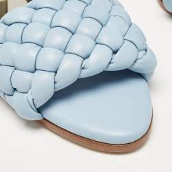 Pre Owned Bottega Veneta Light Blue Intreciato Leather and Metal The Curve Slide Sandals Size 36
