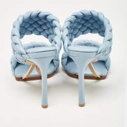 Pre Owned Bottega Veneta Light Blue Intreciato Leather and Metal The Curve Slide Sandals Size 36
