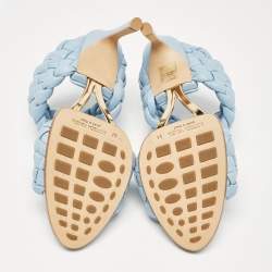 Pre Owned Bottega Veneta Light Blue Intreciato Leather and Metal The Curve Slide Sandals Size 36