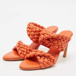Bottega Veneta Orange Intrecciato Leather Curve Slide Sandals Size 39