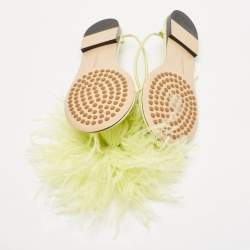 Bottega Veneta Green Feather and Leather Flat Slides Size 38