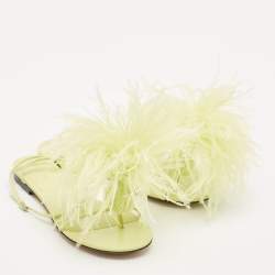 Bottega Veneta Green Feather and Leather Flat Slides Size 38