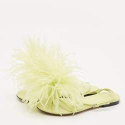 Bottega Veneta Green Feather and Leather Flat Slides Size 38