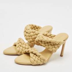 Pre Owned Bottega Veneta Yellow Leather Braided Accents Slides Size 38