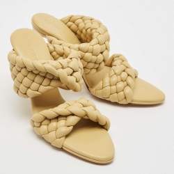 Pre Owned Bottega Veneta Yellow Leather Braided Accents Slides Size 38