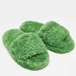 Bottega Veneta Green Shearling Fur Flat Sandals Size 40