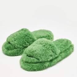 Bottega Veneta Green Shearling Fur Flat Sandals Size 40
