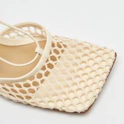 Pre Owned Bottega Veneta Cream Leather and Mesh Stretch Ankle Wrap Sandals Size 38