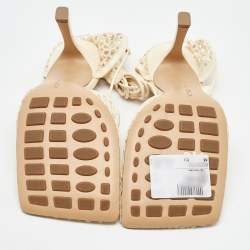 Pre Owned Bottega Veneta Cream Leather and Mesh Stretch Ankle Wrap Sandals Size 38