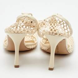 Pre Owned Bottega Veneta Cream Leather and Mesh Stretch Ankle Wrap Sandals Size 38