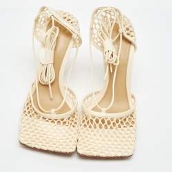 Pre Owned Bottega Veneta Cream Leather and Mesh Stretch Ankle Wrap Sandals Size 38