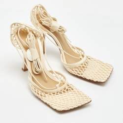 Pre Owned Bottega Veneta Cream Leather and Mesh Stretch Ankle Wrap Sandals Size 38