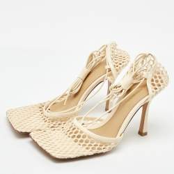 Pre Owned Bottega Veneta Cream Leather and Mesh Stretch Ankle Wrap Sandals Size 38