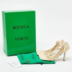 Pre Owned Bottega Veneta Cream Leather and Mesh Stretch Ankle Wrap Sandals Size 38