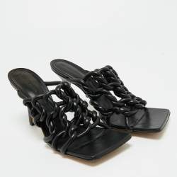 Pre Owned Bottega Veneta Black Leather Braided Accents Slide sandals