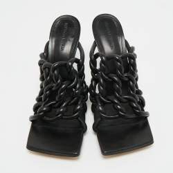 Pre Owned Bottega Veneta Black Leather Braided Accents Slide sandals