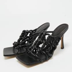 Pre Owned Bottega Veneta Black Leather Braided Accents Slide sandals