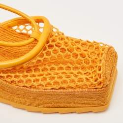 Pre Owned Bottega Veneta Orange Mesh and Leather Wedge Espadrilles Ankle Tie Sandals Size 36