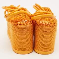 Pre Owned Bottega Veneta Orange Mesh and Leather Wedge Espadrilles Ankle Tie Sandals Size 36
