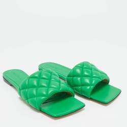 Pre Owned Bottega Veneta Green Intrecciato Leather Lido Flat Slides Size 37.5