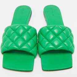 Pre Owned Bottega Veneta Green Intrecciato Leather Lido Flat Slides Size 37.5