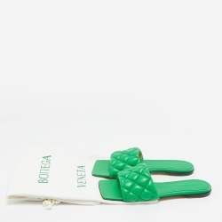Pre Owned Bottega Veneta Green Intrecciato Leather Lido Flat Slides Size 37.5
