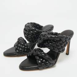 Pre Owned Bottega Veneta Black Intrecciato Leather Curve Slide Sandals Size 35