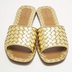 Pre Owned Bottega Veneta Gold Intrecciato Leather Ravello Flat Slides Size 38