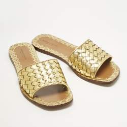 Pre Owned Bottega Veneta Gold Intrecciato Leather Ravello Flat Slides Size 38