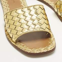 Pre Owned Bottega Veneta Gold Intrecciato Leather Ravello Flat Slides Size 38