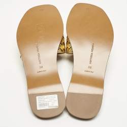 Pre Owned Bottega Veneta Gold Intrecciato Leather Ravello Flat Slides Size 38