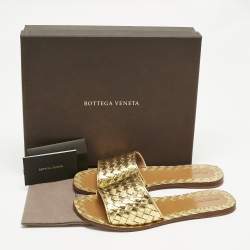 Pre Owned Bottega Veneta Gold Intrecciato Leather Ravello Flat Slides Size 38
