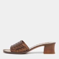 Pre Owned Bottega Veneta Metallic Bronze Leather Block Heel Slide Sandals Size 41