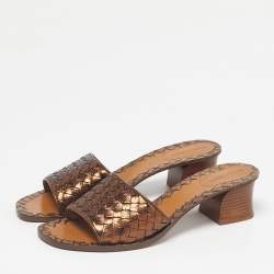 Pre Owned Bottega Veneta Metallic Bronze Leather Block Heel Slide Sandals Size 41