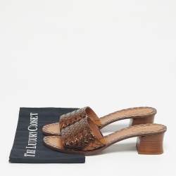 Pre Owned Bottega Veneta Metallic Bronze Leather Block Heel Slide Sandals Size 41