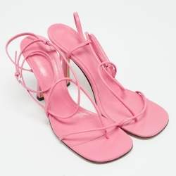 Pre Owned Bottega Veneta Pink Leather Square Toe Ankle Strap Sandals Size 39.5