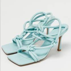 Pre Owned Bottega Veneta Size 40 Blue Leather Knotted Ankle Strap Sandals