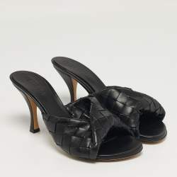 Pre Owned Bottega Veneta Blink Size 39 Black Intrecciato Leather Slide Sandals