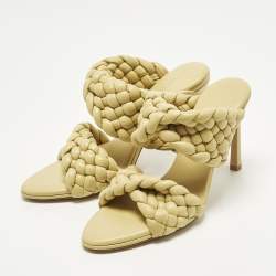 Pre Owned Bottega Veneta Curve Size 37 Olive Green Woven Leather Slide Sandals