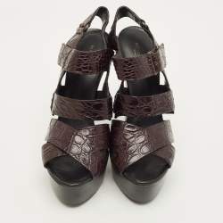 Pre Owned صندل بوتيغا فينيتا جلد بني منقوش بكعب وسوار للكاحل مقاس 38